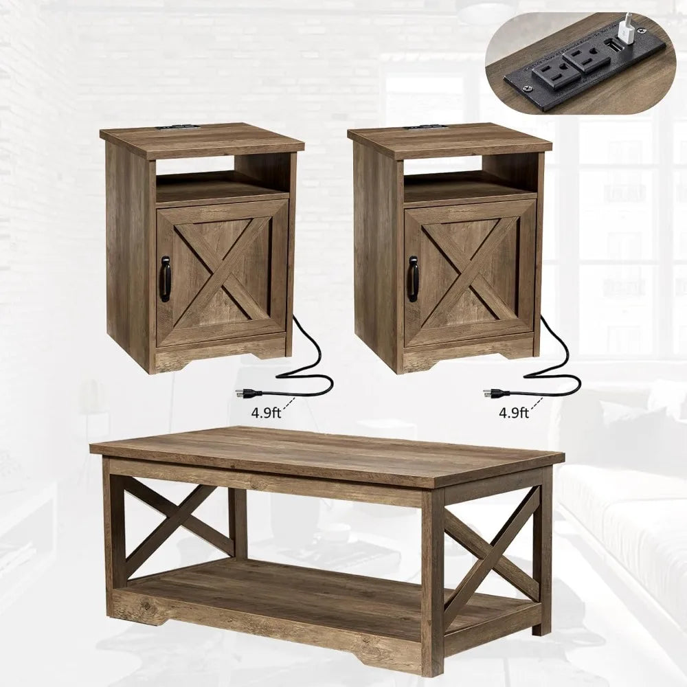 3-Piece Farmhouse Table Set Includes Coffee Table & Two End Tables, with Charging Station and USB Ports