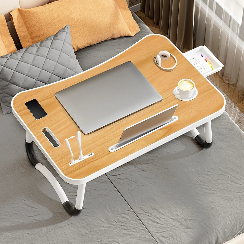 Portable Foldable laptop Desk for working with USB Light, Small Fan, Cup Holder, Tablet Slot, and Lifting Handle