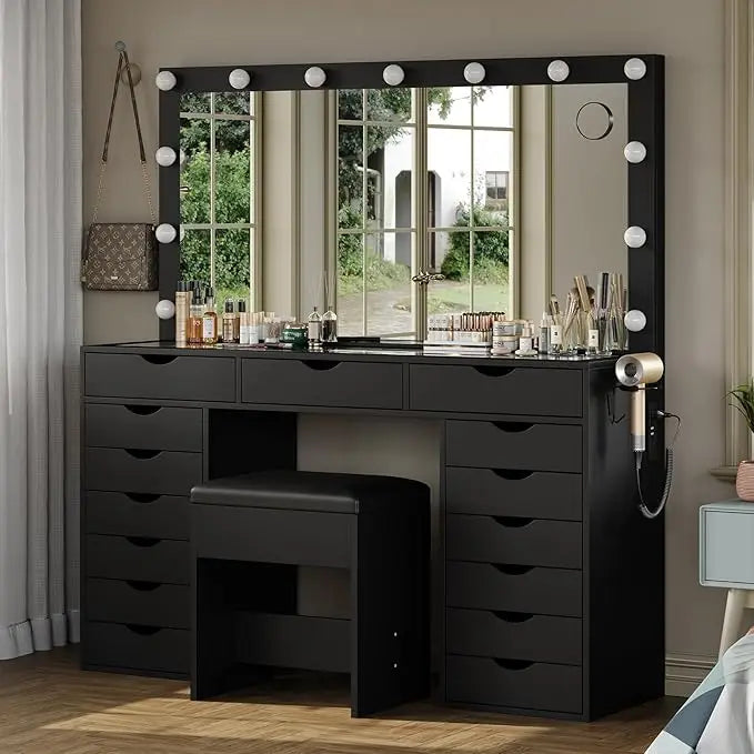 Vanity Desk with Mirror and 3 color Lighting Modes with Charging Station,15 Drawers Dressing Table