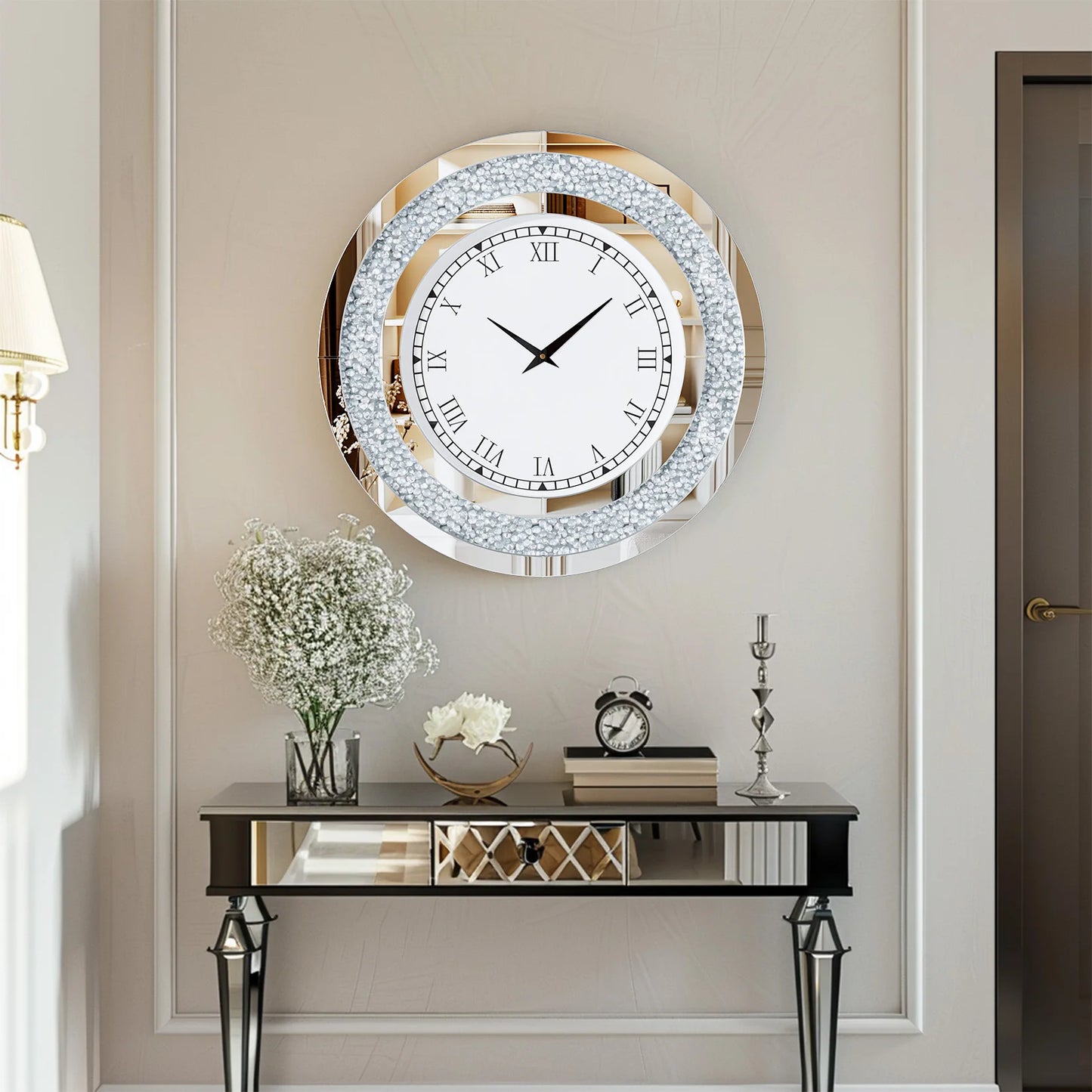 24 inch Large Crystal Mirrored Wall Clock