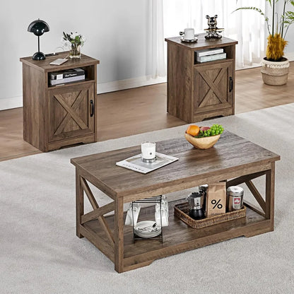 3-Piece Farmhouse Table Set Includes Coffee Table & Two End Tables, with Charging Station and USB Ports