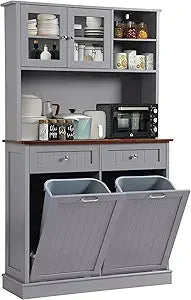 Kitchen Pantry Tall Storage Microwave Cabinet with Tilt Out Trash Storage