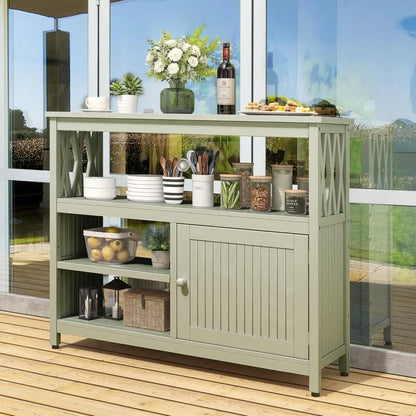 Acacia Wood OutdoorPatio Bar Table with Storage and Shelves, Sideboard Storage