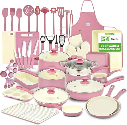 54 Piece Professional Grade Complete Home Kitchen Cookware Set, Ceramic Non-Stick Bakeware