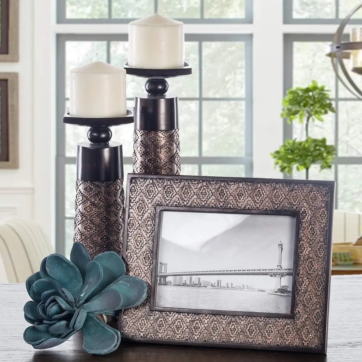 Creative Scents Dublin Brown Set Of 2 Candle Holders And Matching 5 X 7 Picture Frame