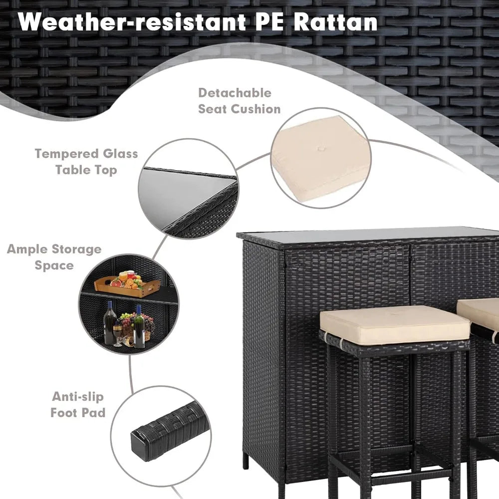 3-Piece Wicker Patio Outdoor Bar Set, 2 Stools and 1 Glass Top Table, Bistro Set,