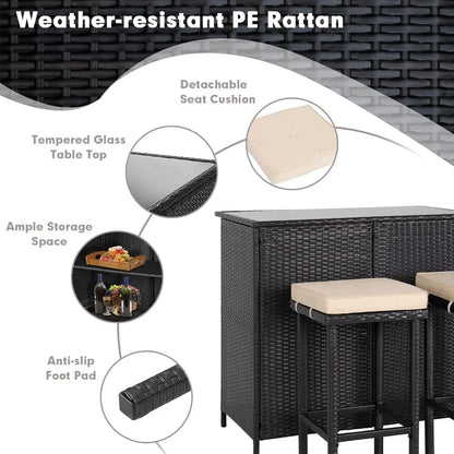 3-Piece Wicker Patio Outdoor Bar Set, 2 Stools and 1 Glass Top Table, Bistro Set,