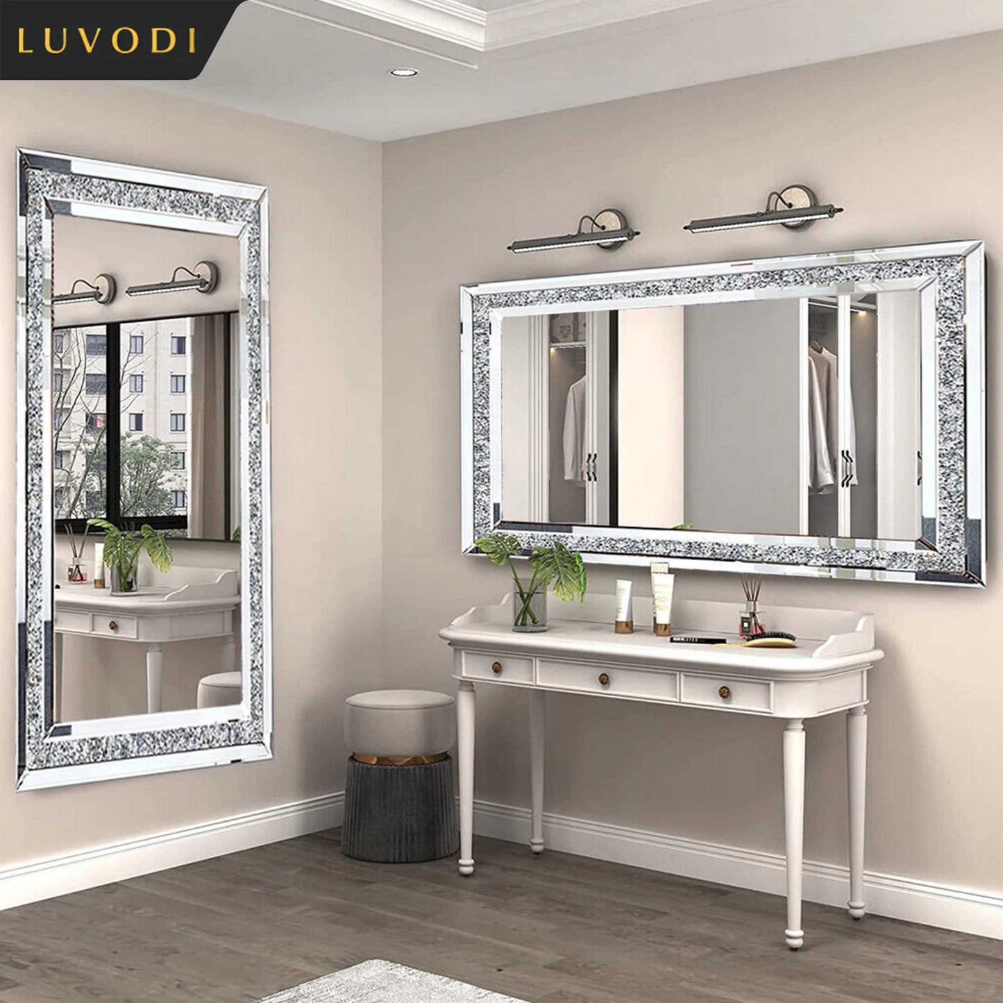 Large Silver Sparkly Crystal Rhinestone Frameless Vanity Mirrors ,Wall Mounted