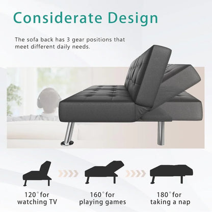 Futon Sofa Bed, Modern Folding Futon Sofa Bed Set, Convertible Lounge Chair, with 2 Cup Holders