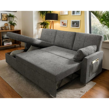 Sofa Bed, Sleeper Sofa with Storage Chaise, Pull Out Couch for Living Room, Grey Chenille Bed Couch