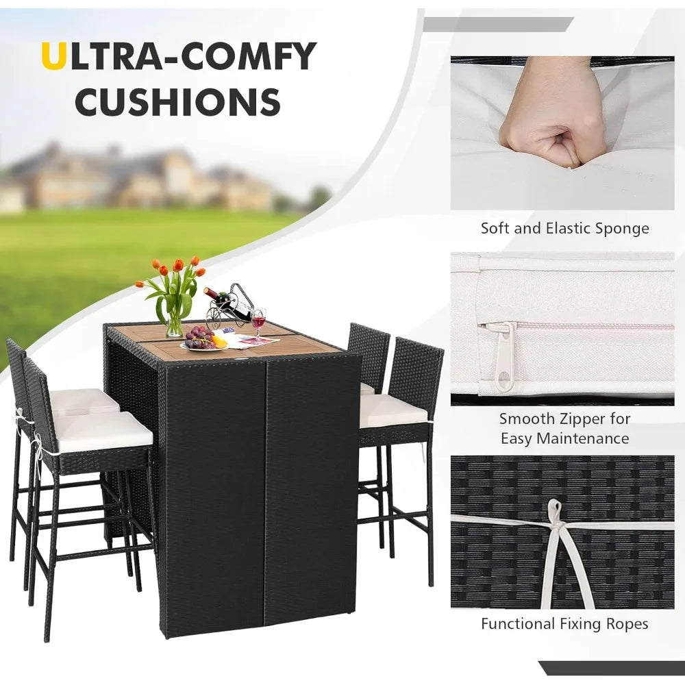 5 Pieces Outdoor Bar Set with Height Table & 4 Cushioned Bar Stools