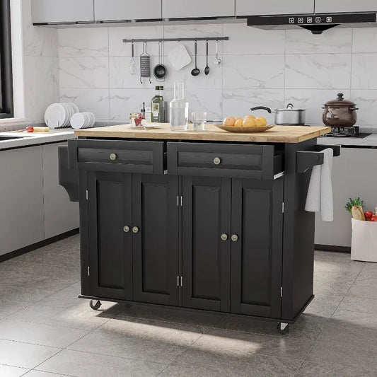 Rolling Mobile Kitchen Island Table  with Wood Top and Drop Leaf Breakfast Bar