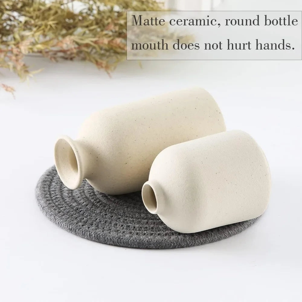 Beige ceramic modern bohemian farmhouse vase set with a small vase decoration