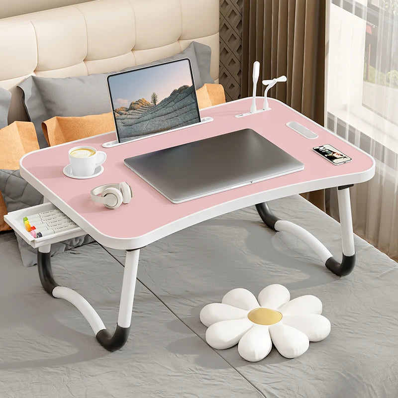 Portable Foldable laptop Desk for working with USB Light, Small Fan, Cup Holder, Tablet Slot, and Lifting Handle