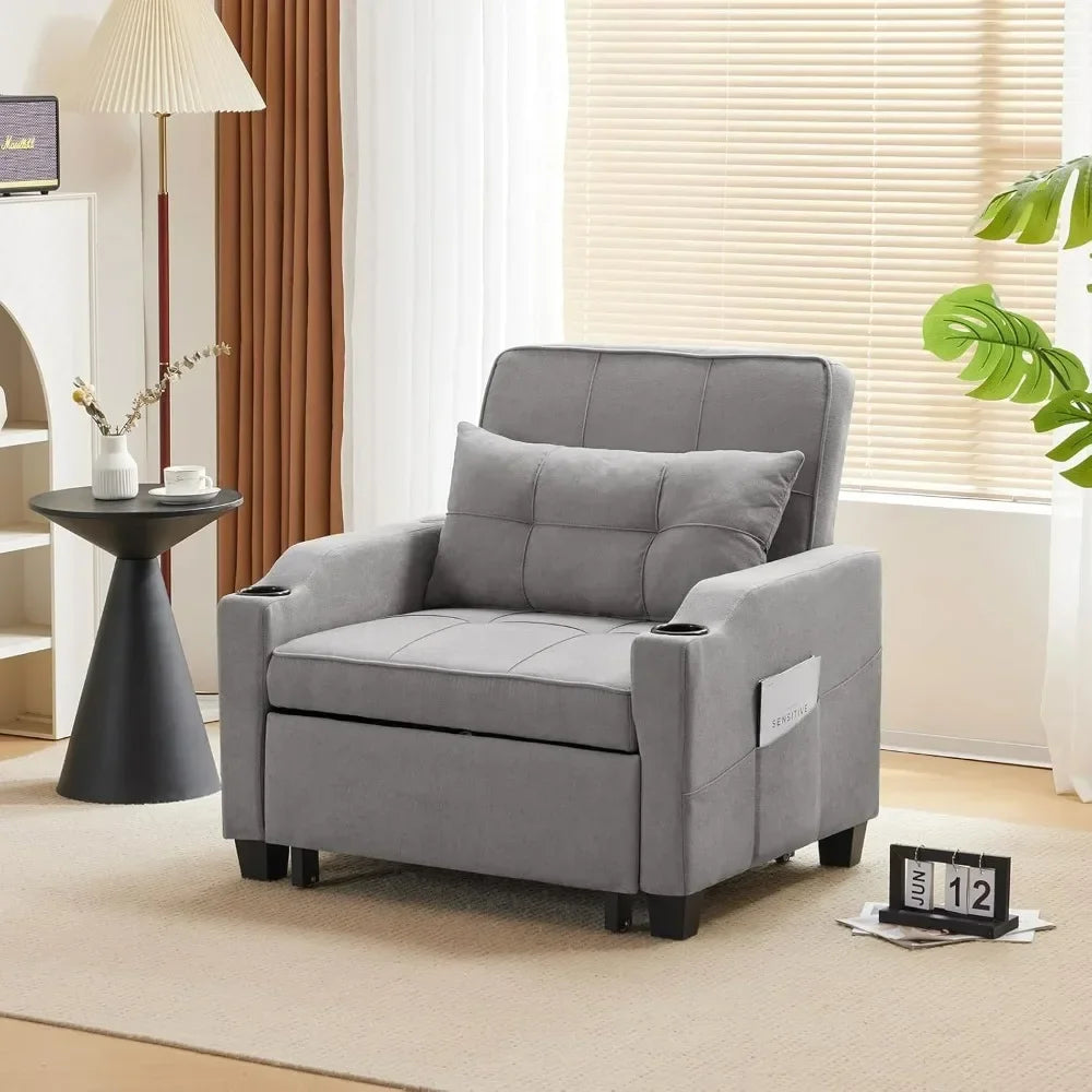Sleeper Chair 3-in-1 Pull out Couch Sleeper Sofa Light Gray, Recliner with USB Ports, Cup Holders, Side Pockets