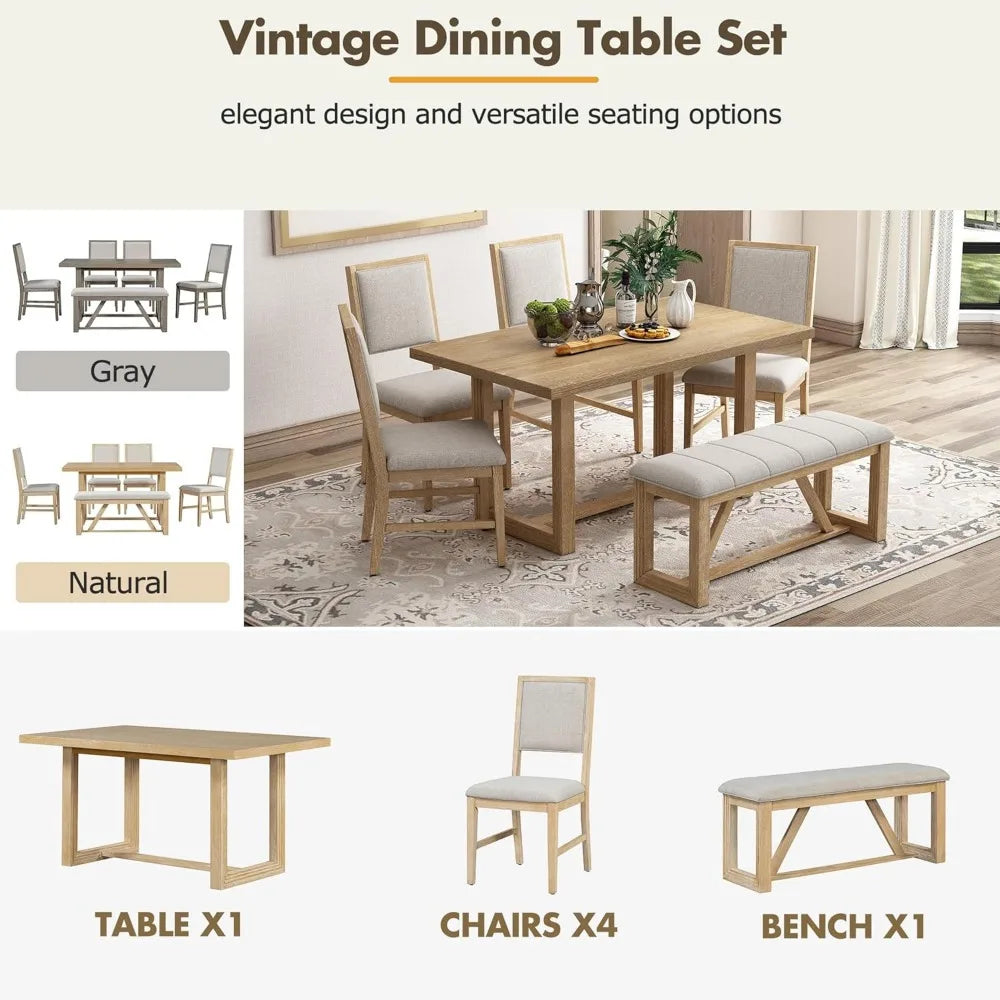 6-Piece Retro Dining Set for 6 Dining Table Set with 4 Upholstered Chairs & 1 Rectangular Bench