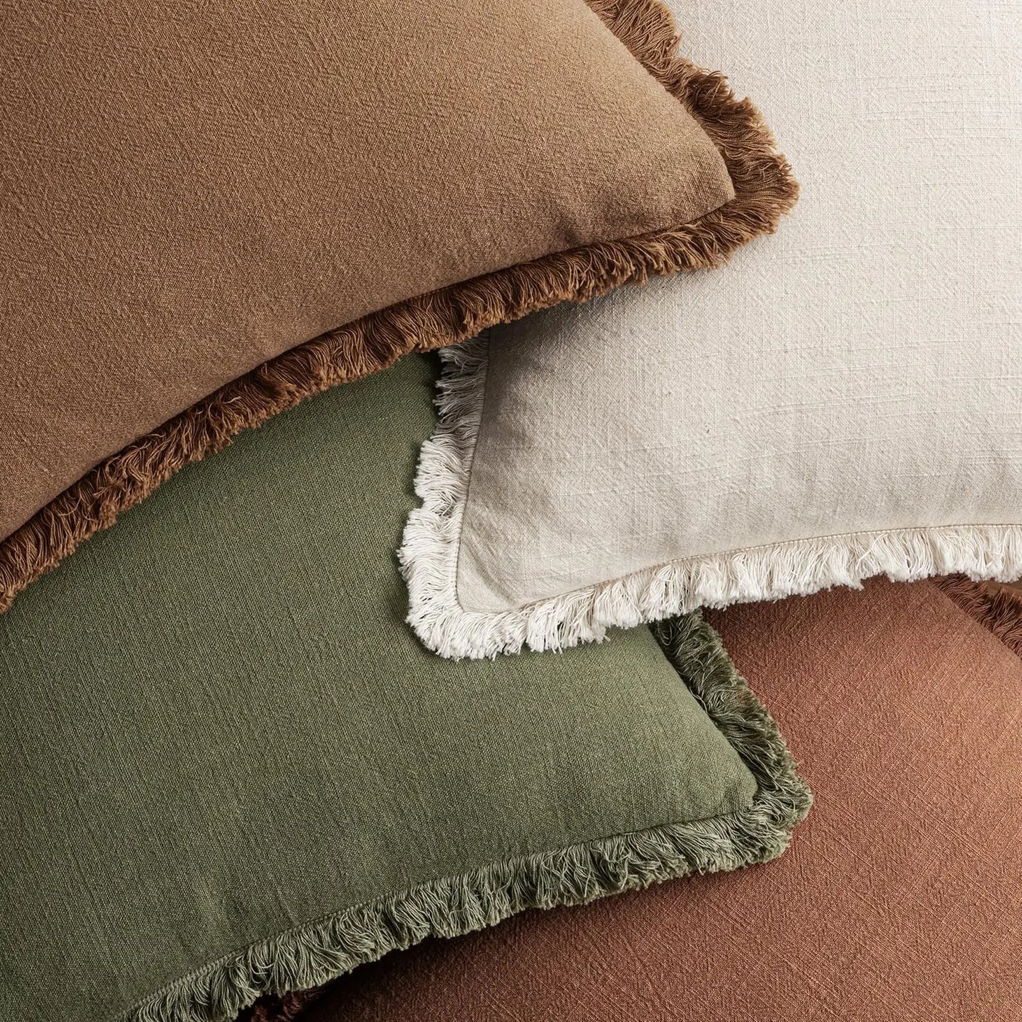 Set of 4 Neutral Linen Fringe Throw Pillows, Soft Rustic Cushions for Sofa Living Room Decor, Beige/Brown/Green