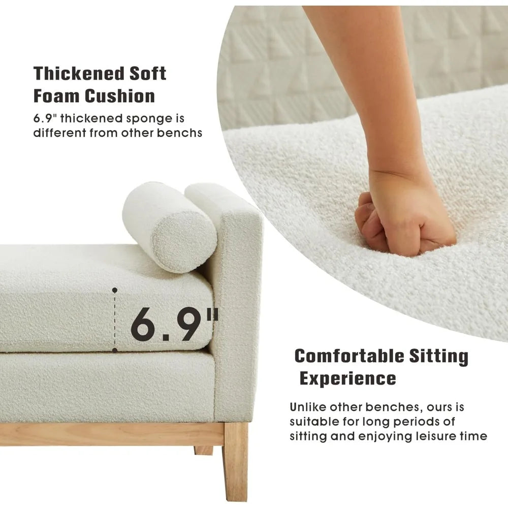 King Size 66.3" End of Bed Upholstered Long Boucle Ottoman Bench with Arms & Pillows