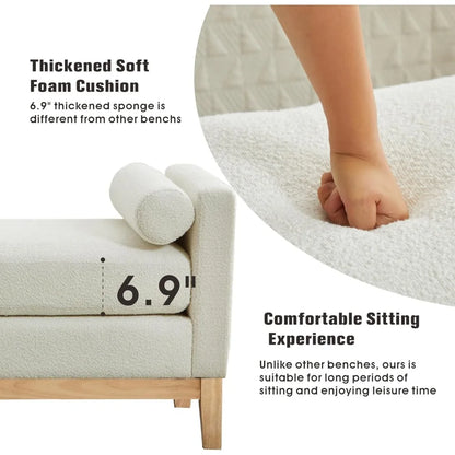King Size 66.3" End of Bed Upholstered Long Boucle Ottoman Bench with Arms & Pillows