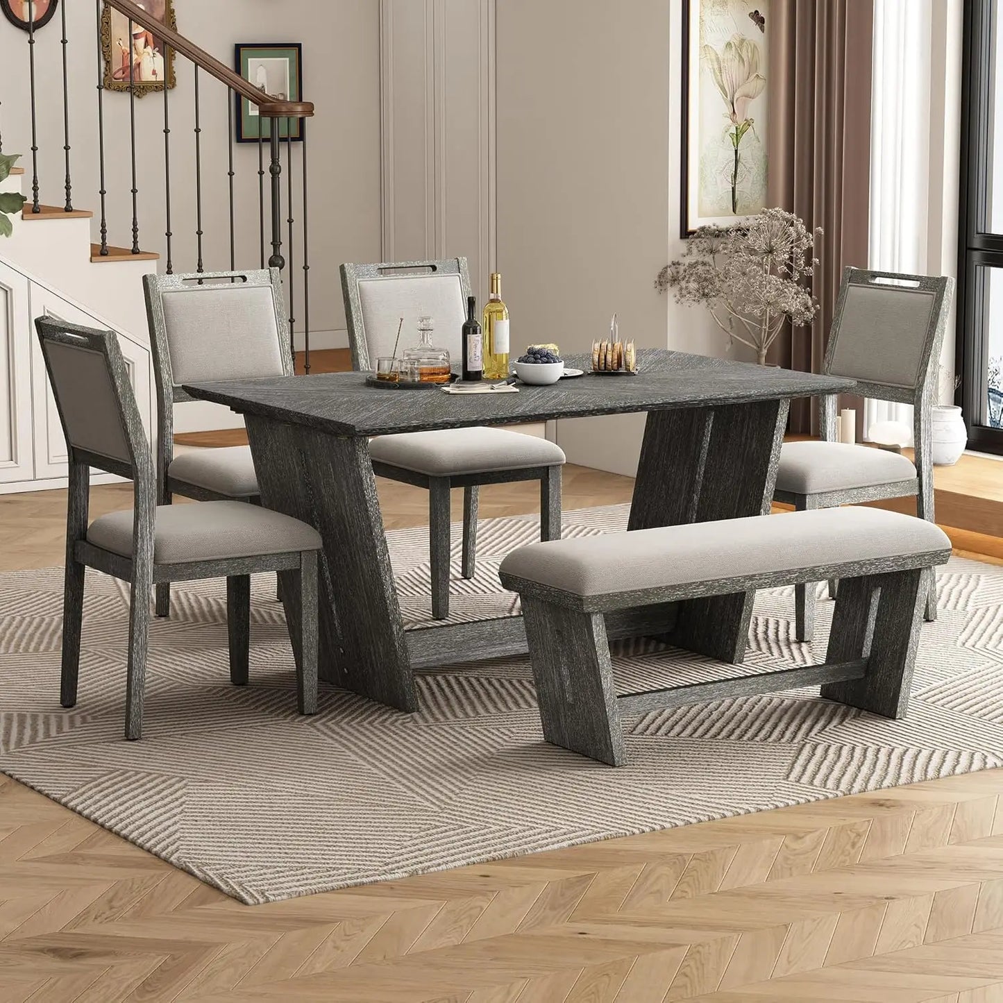 6-Piece Retro Dining Set for 6 Dining Table Set with 4 Upholstered Chairs & 1 Rectangular Bench
