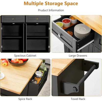 Rolling Mobile Kitchen Island Table  with Wood Top and Drop Leaf Breakfast Bar
