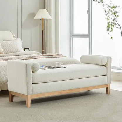 King Size 66.3" End of Bed Upholstered Long Boucle Ottoman Bench with Arms & Pillows