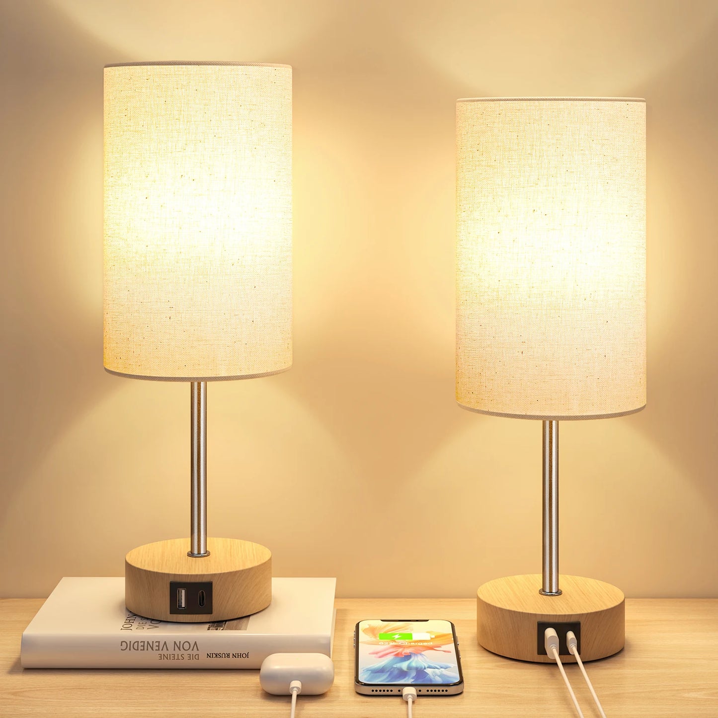 2 Pack 14 Inch Small Table Lamp 3 Way Dimmable, Touch Control, Dual Charging Ports, 3000K Soft Warm (2 LED Bulb)