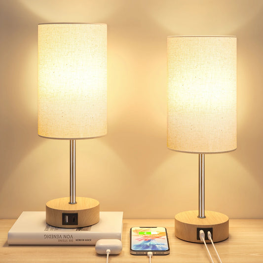 2 Pack 14 Inch Small Table Lamp 3 Way Dimmable, Touch Control, Dual Charging Ports, 3000K Soft Warm (2 LED Bulb)