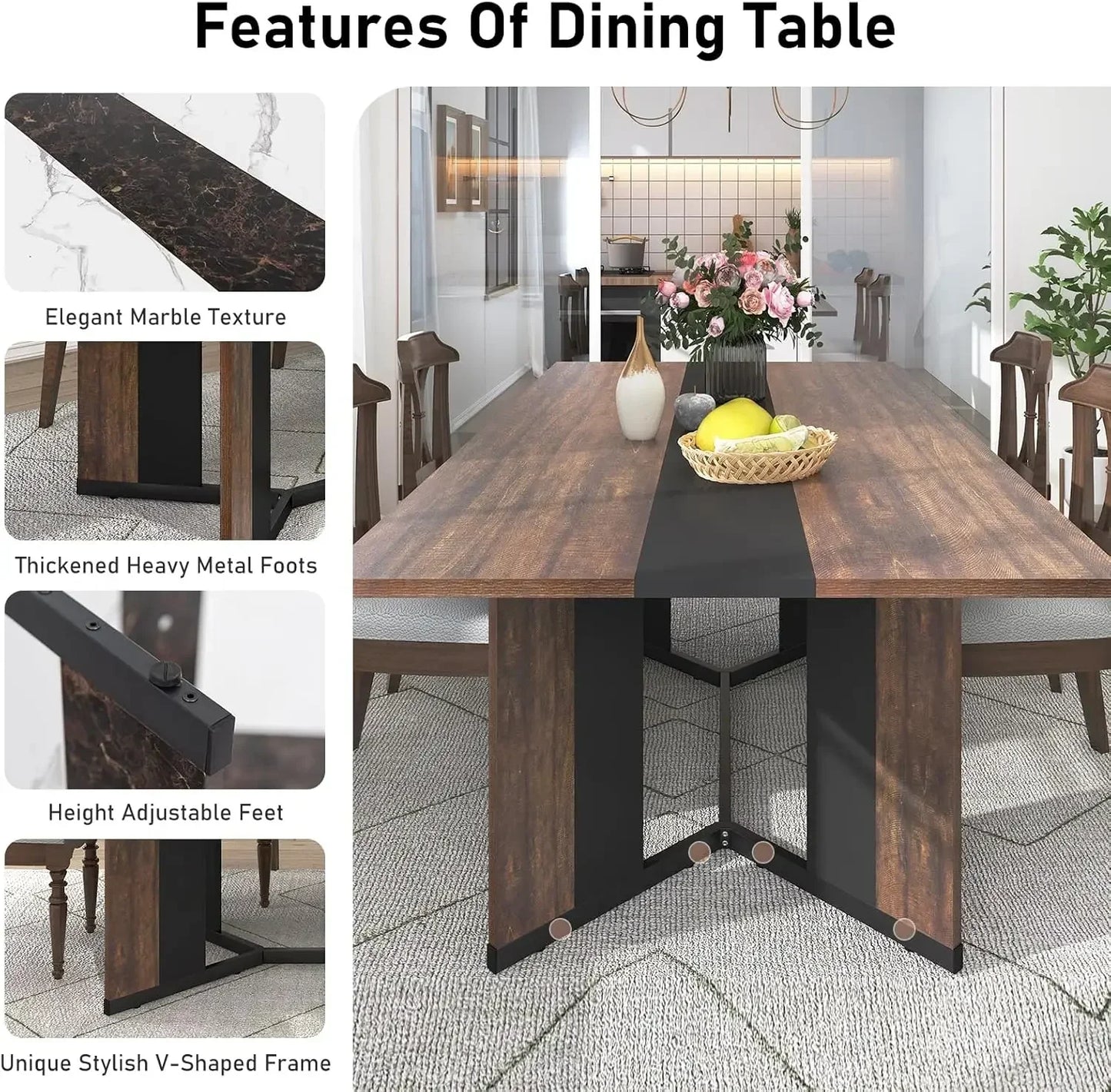 71In Large Rectangular Dining Table,Wood Watrproof Brown Tabletop,6ft Luxurious Family Dinner Table