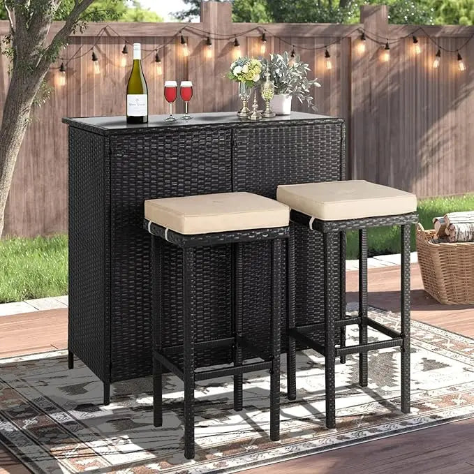 3-Piece Wicker Patio Outdoor Bar Set, 2 Stools and 1 Glass Top Table, Bistro Set,