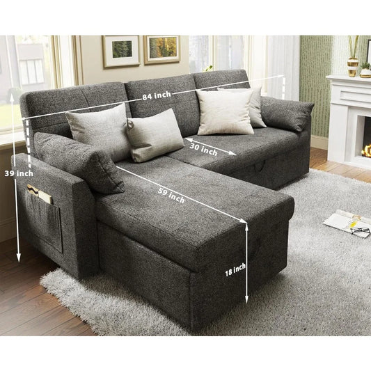 Sofa Bed, Sleeper Sofa with Storage Chaise, Pull Out Couch for Living Room, Grey Chenille Bed Couch