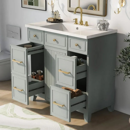 36" Bathroom Vanity organizer With Sink, Modern Green Bathroom Vanity With 3 Drawers