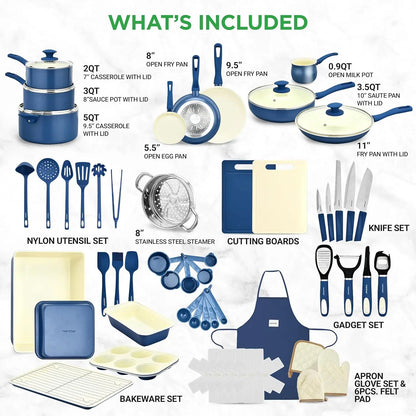 54 Piece Professional Grade Complete Home Kitchen Cookware Set, Ceramic Non-Stick Bakeware