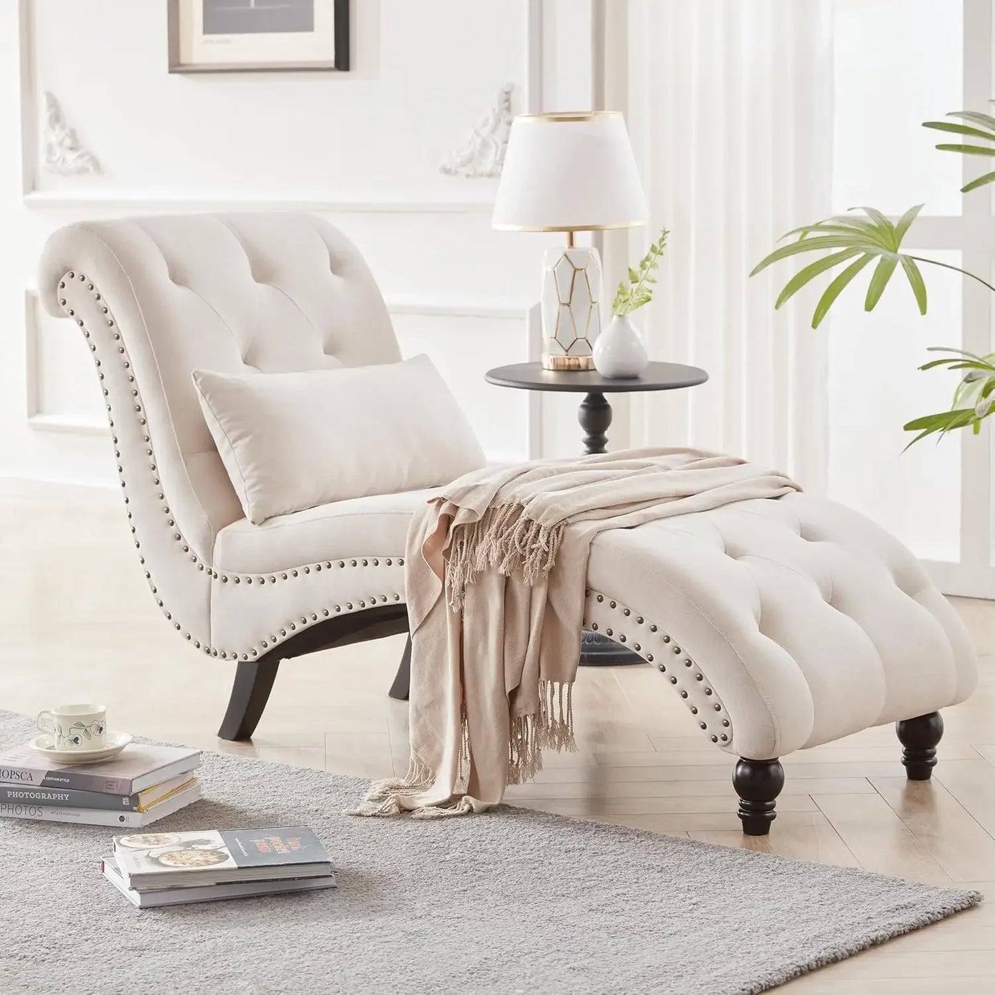 Tufted Soft Chaise Lounge, Linen Rivets Chaise Lounge Armless Chair