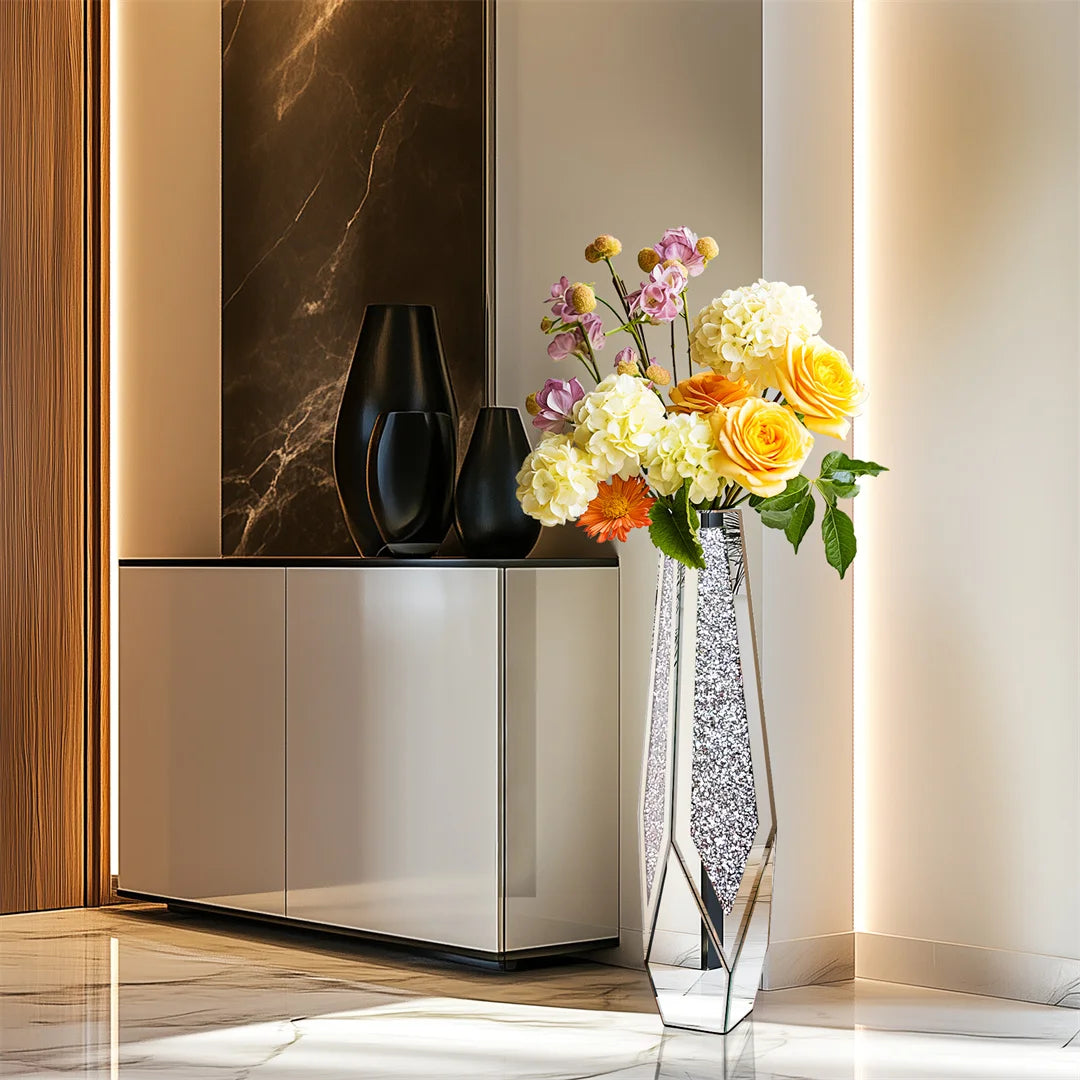 34” Tall Standing Flower Vase Crushed Diamond Mirrored Silver Glass Decorative Corner Vase for Home