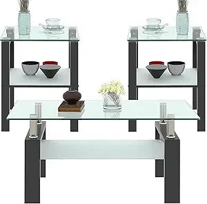 Black Glass Coffee Table Set of 3 and 2 End Side Tables, Metal