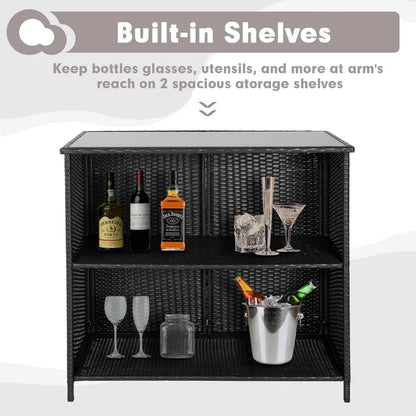 3-Piece Wicker Patio Outdoor Bar Set, 2 Stools and 1 Glass Top Table, Bistro Set,