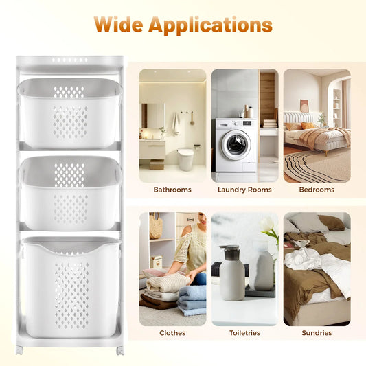 3 Tier Rolling 360° Rolling Laundry Hamper, Clothes Sorter Organizer with 4 Wheels