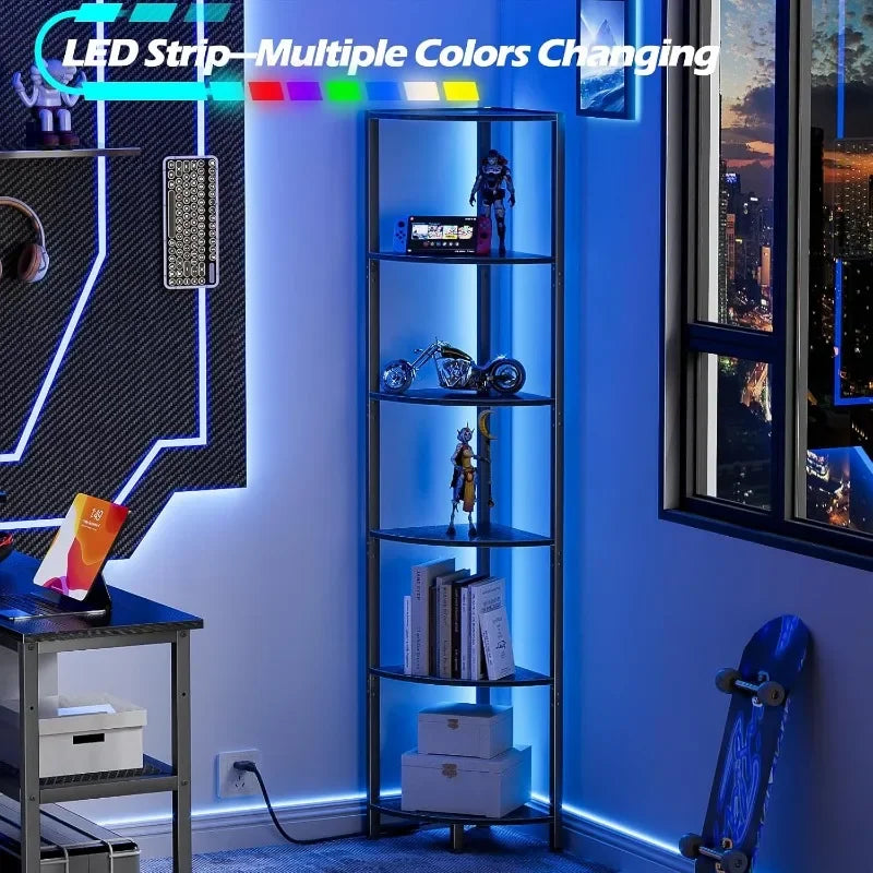 6 Tier Corner Shelf with LED Light 67.5” Tall Standing Shelf Organizer, Black Narrow Bookshelf with Storage Rack for Wall Corner
