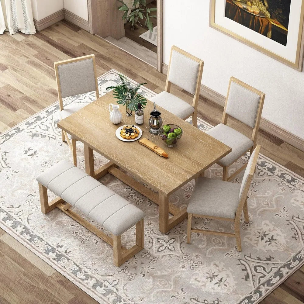 6-Piece Retro Dining Set for 6 Dining Table Set with 4 Upholstered Chairs & 1 Rectangular Bench