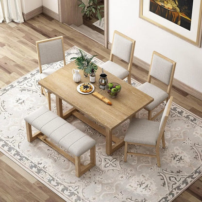 6-Piece Retro Dining Set for 6 Dining Table Set with 4 Upholstered Chairs & 1 Rectangular Bench