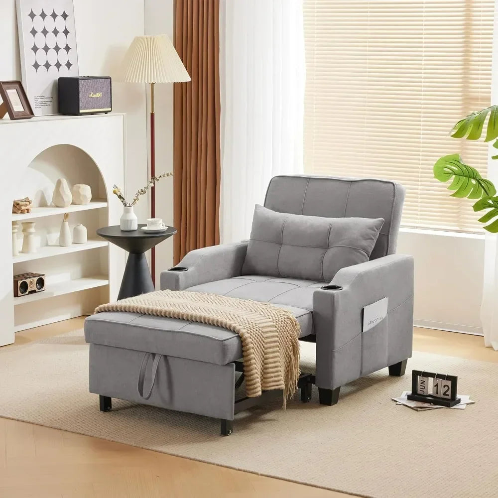 Sleeper Chair 3-in-1 Pull out Couch Sleeper Sofa Light Gray, Recliner with USB Ports, Cup Holders, Side Pockets