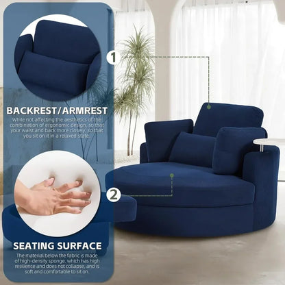 Oversize Round Barrel Swivel Accent Chair with Armrest Tray and Ottoman, Corduroy Fabric