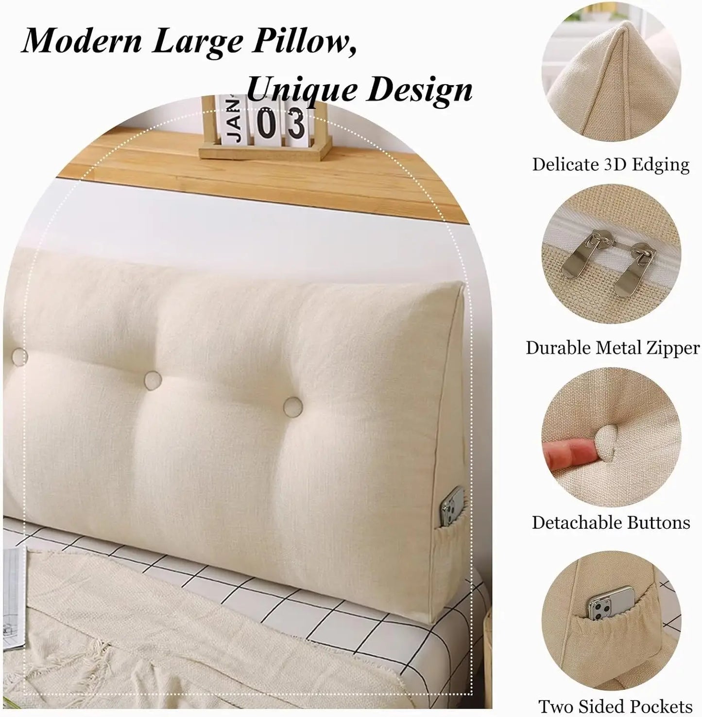 Ivory Headboard Reading Triangle Pillow For Sitting In Bed Versatile, Washable