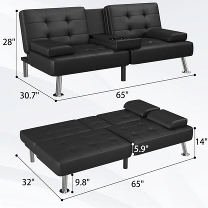 Futon Sofa Bed, Modern Folding Futon Sofa Bed Set, Convertible Lounge Chair, with 2 Cup Holders