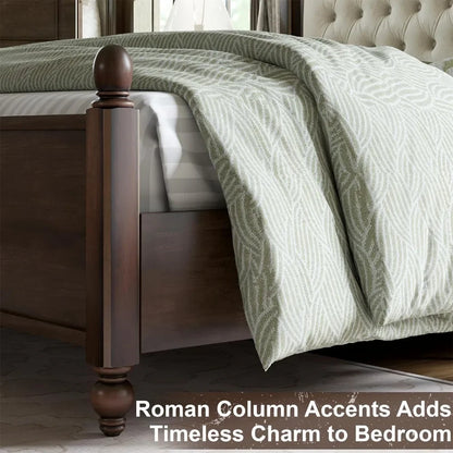 Solid Wood Bed Frame Queen Size,52.5" Upholstered Headboard, Column Accents/Support/No Box Spring Needed
