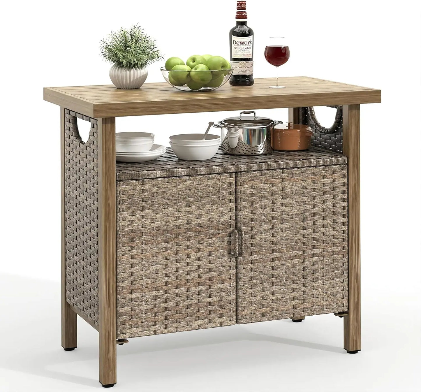 Patio Bar Table with Two Doors and Shelves, Waterproof Wicker Outdoor Storage Cabinet
