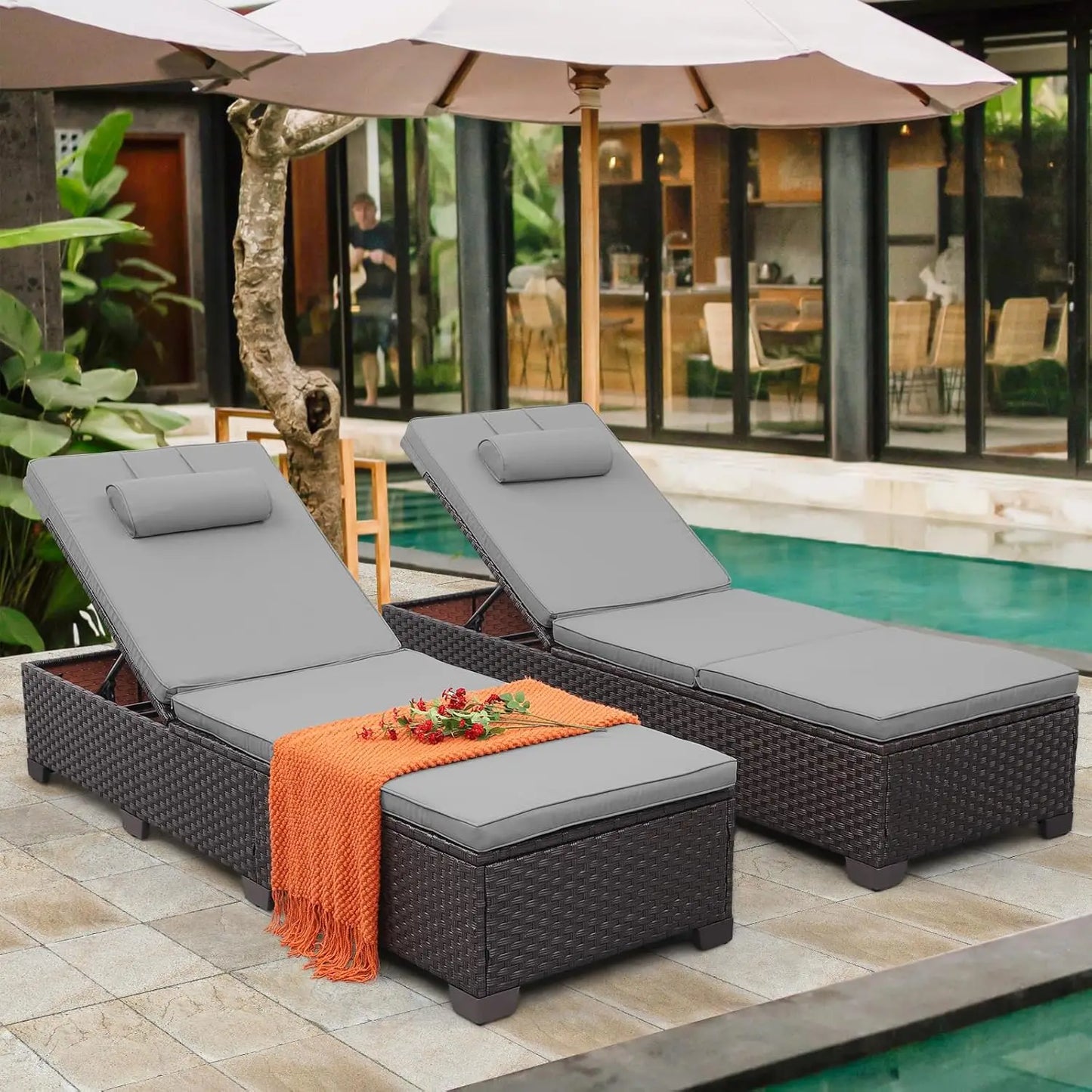 Outdoor Chaise Lounge Set of 2, Brown Wicker Pool Lounge Chairs, Multi-Angle Adjustable Backrest