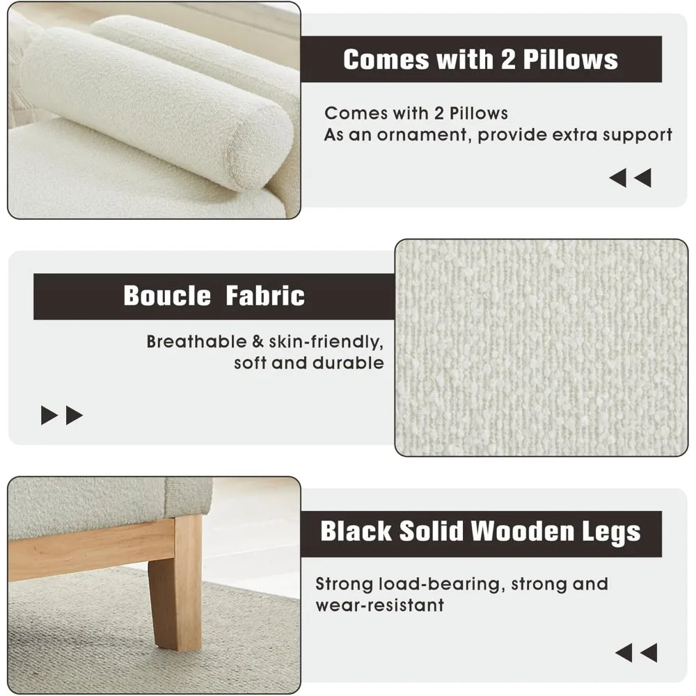 King Size 66.3" End of Bed Upholstered Long Boucle Ottoman Bench with Arms & Pillows