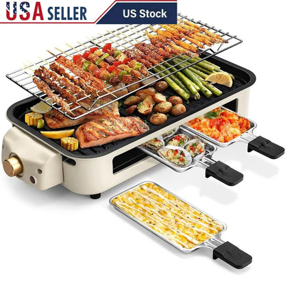 2 n 1 Non Stick Electric Smokeless Indoor Grill, Removable Plate, Temperature Control with Raclette Pans